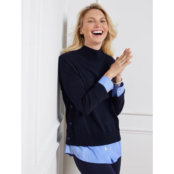 Talbots Mock Neck Pullover Sweater Small Petite SP Faux 2-Pc Woven Hem Navy Blue - Picture 1 of 7